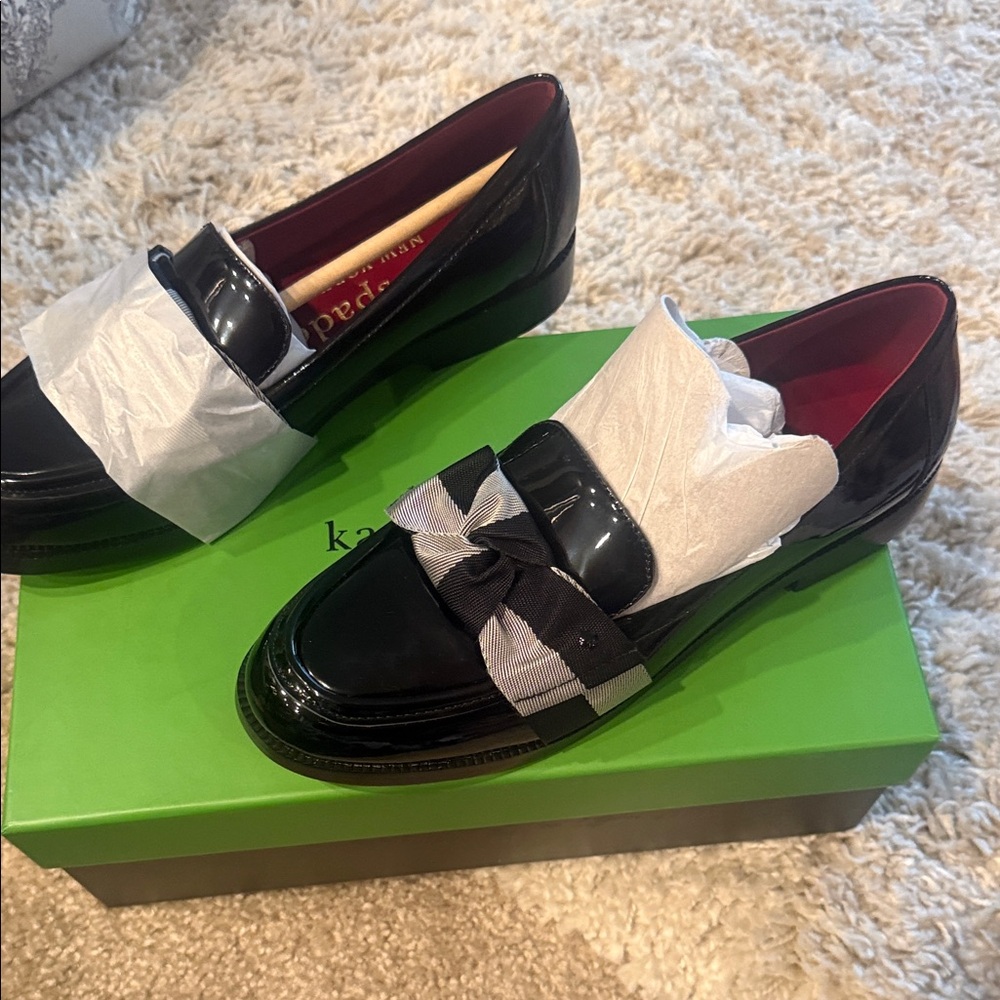 Kate Spade Black Patent Loafers with Bow
